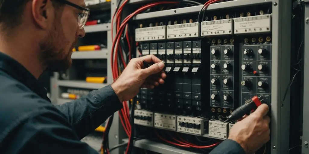 Electrician fixing a circuit breaker panel with tools.