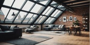 Loft conversion with skylights and cozy interior design.