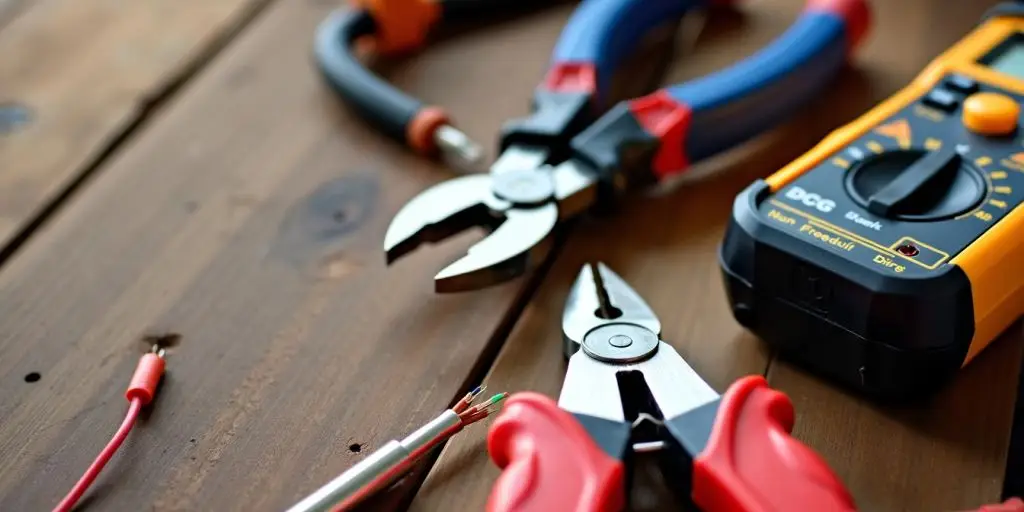 Electrician's tools on a wooden workbench.