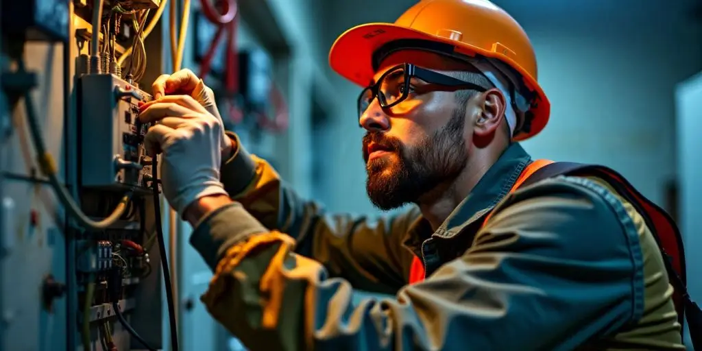 Technician repairing electrical wires in a dimly lit space.