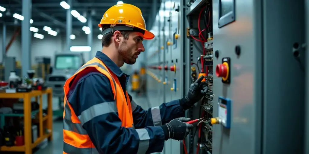 Technician repairing electrical equipment in a commercial space.