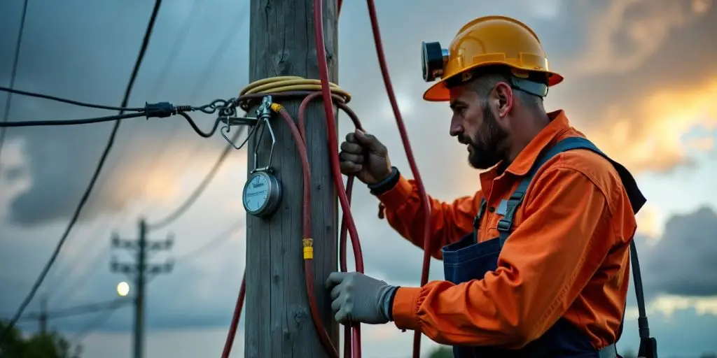 Electrician working on power lines during an emergency.