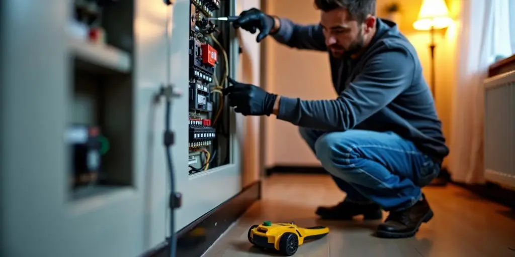 Electrician fixing circuit breaker with tools in a home.