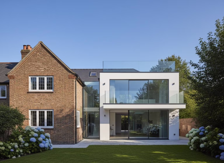 Double storey rear house extension with glass and modern render on a period property in London