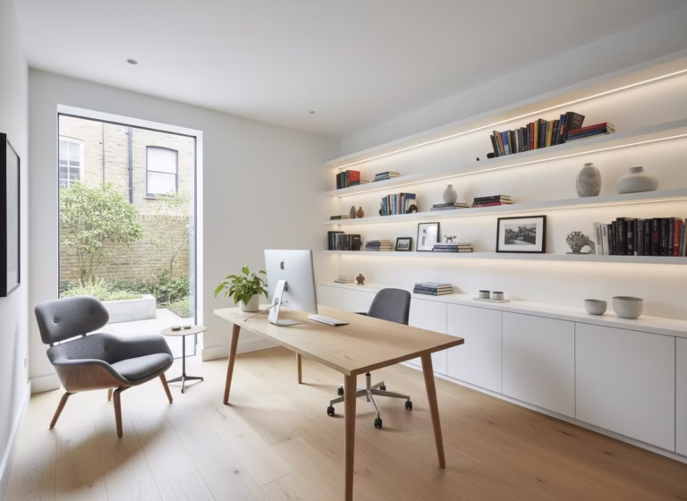 Garage conversion into modern home office with built-in shelving and desk space by Fixiz London