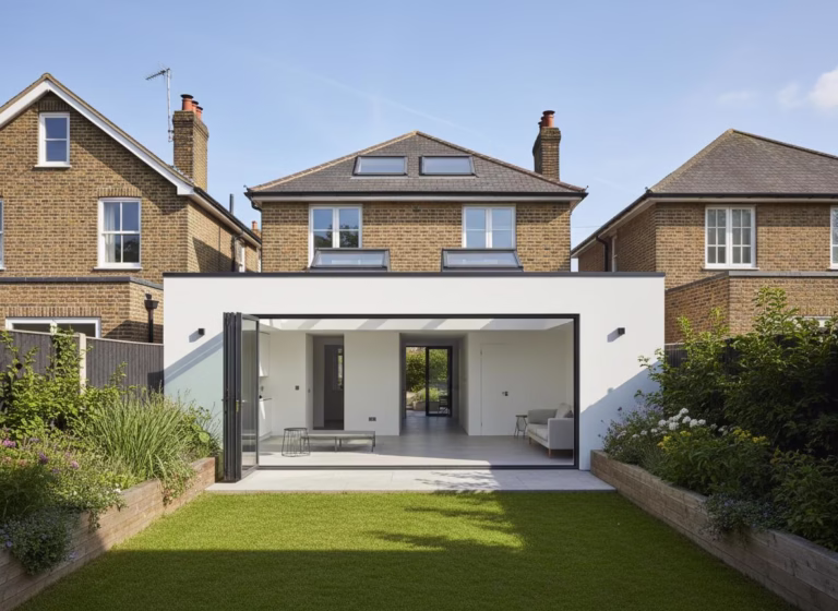 Modern rear house extension in London with bi-fold glass doors and flat roof design by Fixiz