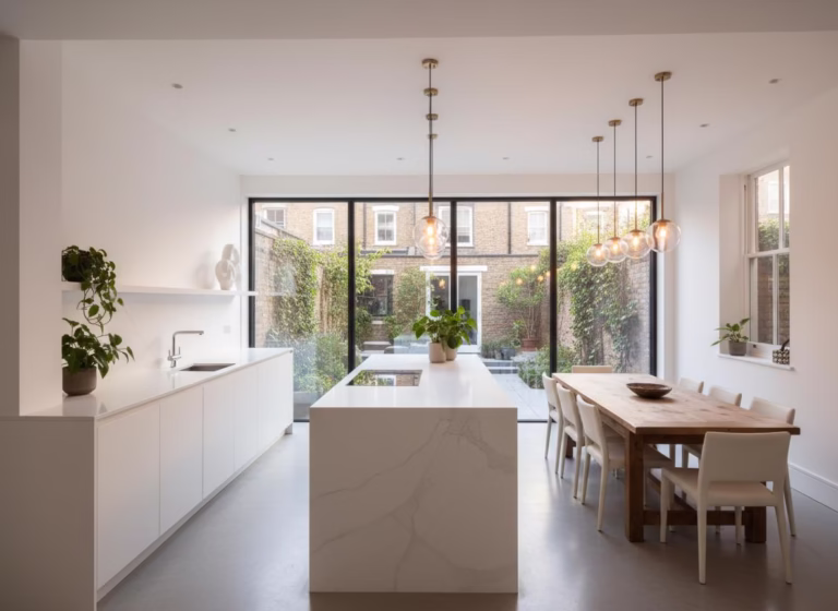 Modern kitchen extension with glass doors and open-plan dining area in London