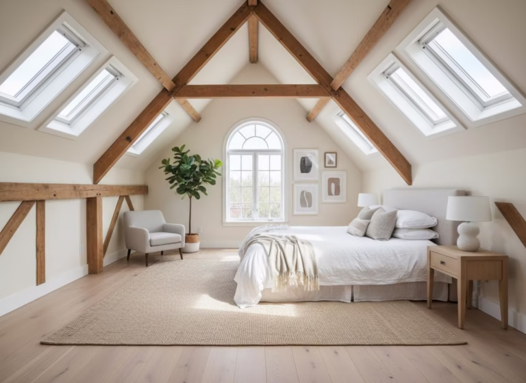 Loft conversion bedroom with exposed timber beams and Velux skylights in London
