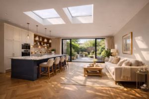 Luxury finish loft conversion London - open plan kitchen living area by Fixiz