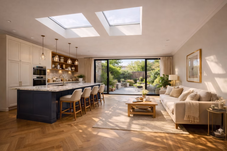 Luxury finish loft conversion London - open plan kitchen living area by Fixiz