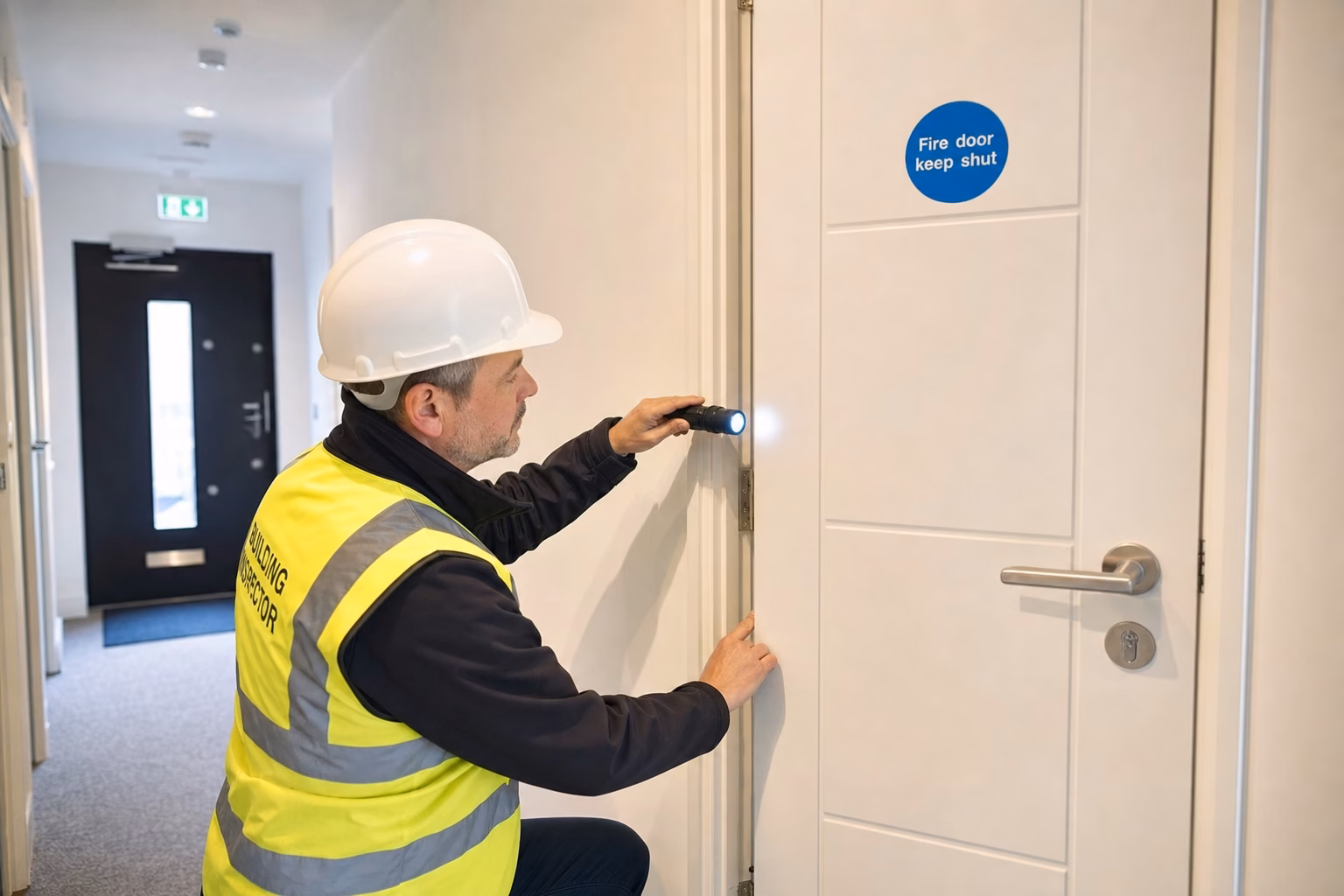 Fire door inspection London - certified inspector checking fire door compliance