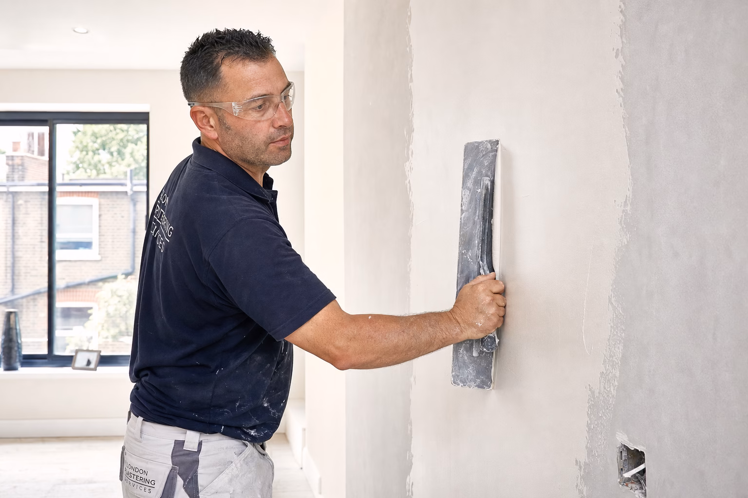 Professional plasterer applying skim coat to a wall in a North London home