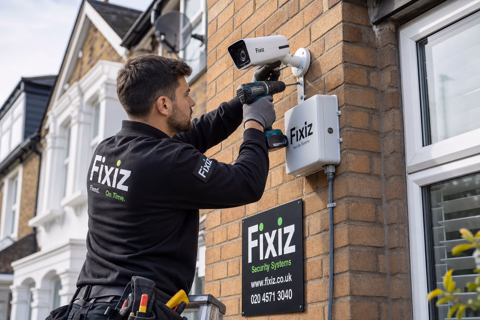 Fixiz security technician installing CCTV camera on a North London home